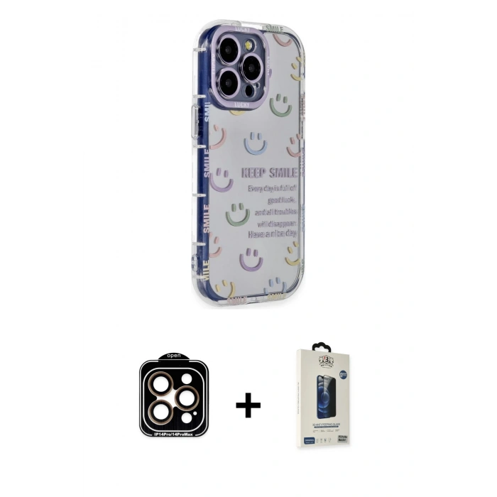 MARSİLYAN™- iPhone 14 Pro Max Kılıf Ahenk Modern Serisi - Siyah Bilvis Hayalet Cam Ekran Koruyucu + PVD Metal Kamera Lens - TU