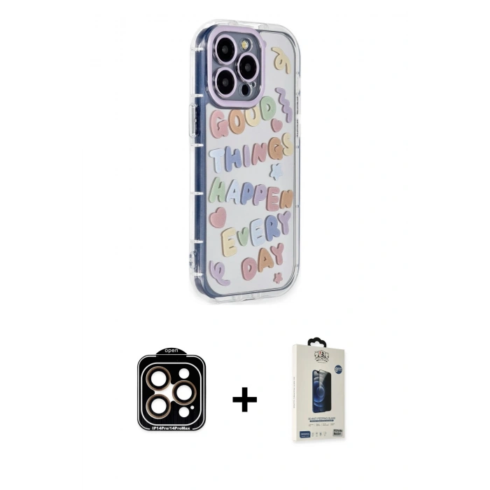 MARSİLYAN™- iPhone 14 Pro Max Kılıf Ahenk Modern Serisi - Siyah Bilvis Hayalet Cam Ekran Koruyucu + PVD Metal Kamera Lens - TU