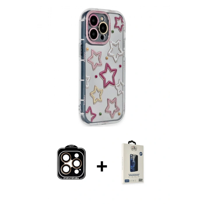 MARSİLYAN™- iPhone 14 Pro Max Kılıf Ahenk Modern Serisi - Siyah Bilvis Hayalet Cam Ekran Koruyucu + PVD Metal Kamera Lens - TU