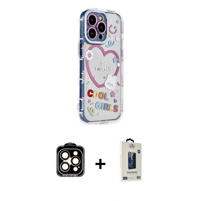 MARSİLYAN™- iPhone 14 Pro Max Kılıf Ahenk Modern Serisi - Siyah Bilvis Hayalet Cam Ekran Koruyucu + PVD Metal Kamera Lens - TU