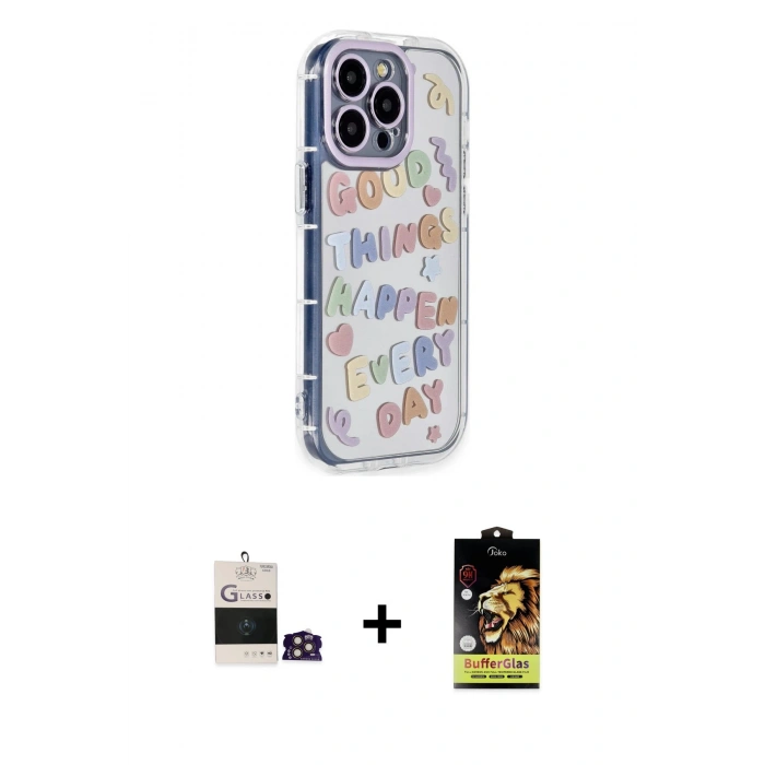 MARSİLYAN™- iPhone 14 Pro Max Kılıf Ahenk Modern Serisi - Siyah Buffer Cam Ekran Koruyucu + Bilvis Titan Kamera Lens - GD
