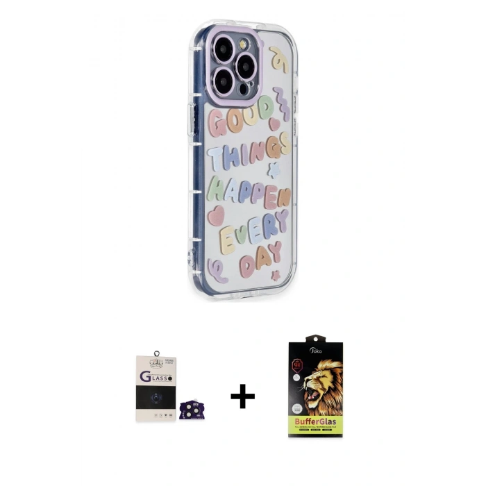 MARSİLYAN™- iPhone 14 Pro Max Kılıf Ahenk Modern Serisi - Siyah Buffer Cam Ekran Koruyucu + Bilvis Titan Kamera Lens - DNMR