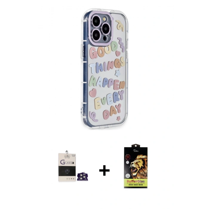 MARSİLYAN™- iPhone 14 Pro Max Kılıf Ahenk Modern Serisi - Siyah Buffer Cam Ekran Koruyucu + Bilvis Titan Kamera Lens - GS
