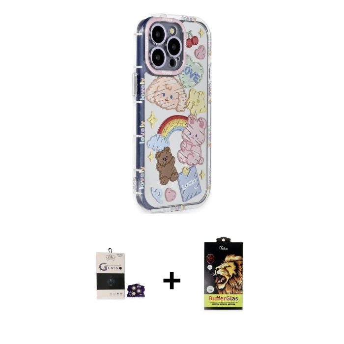 MARSİLYAN™- iPhone 14 Pro Max Kılıf Ahenk Modern Serisi - Siyah Buffer Cam Ekran Koruyucu + Bilvis Titan Kamera Lens - GD