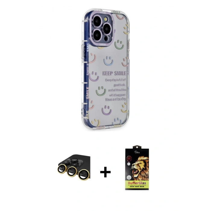 MARSİLYAN™- iPhone 14 Pro Max Kılıf Ahenk Modern Serisi - Siyah Buffer Cam Ekran Koruyucu + Gold Raze Metal Kamera Lens