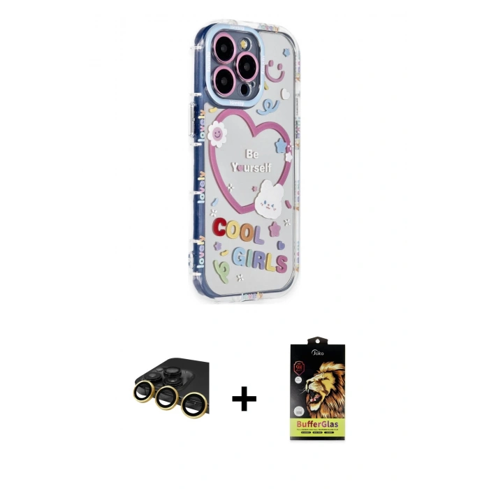 MARSİLYAN™- iPhone 14 Pro Max Kılıf Ahenk Modern Serisi - Siyah Buffer Cam Ekran Koruyucu + Gold Raze Metal Kamera Lens