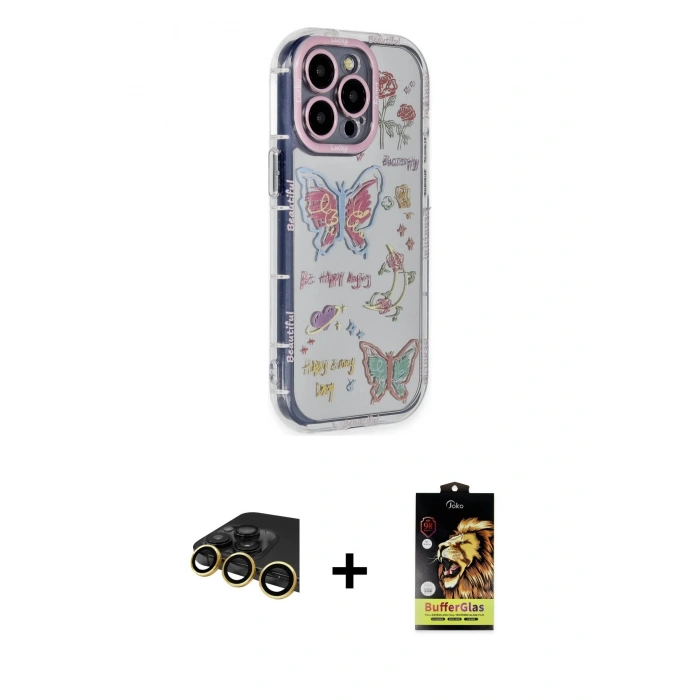MARSİLYAN™- iPhone 14 Pro Max Kılıf Ahenk Modern Serisi - Siyah Buffer Cam Ekran Koruyucu + Gold Raze Metal Kamera Lens