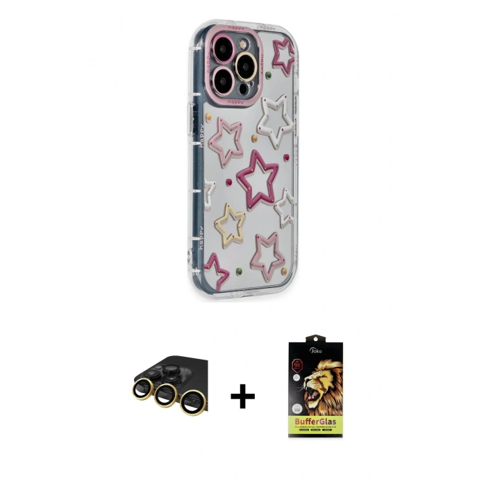 MARSİLYAN™- iPhone 14 Pro Max Kılıf Ahenk Modern Serisi - Siyah Buffer Cam Ekran Koruyucu + Gold Raze Metal Kamera Lens