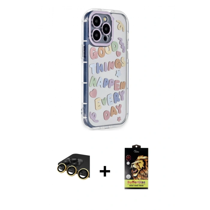 MARSİLYAN™- iPhone 14 Pro Max Kılıf Ahenk Modern Serisi - Siyah Buffer Cam Ekran Koruyucu + Gold Raze Metal Kamera Lens