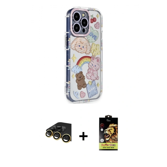MARSİLYAN™- iPhone 14 Pro Max Kılıf Ahenk Modern Serisi - Siyah Buffer Cam Ekran Koruyucu + Gold Raze Metal Kamera Lens