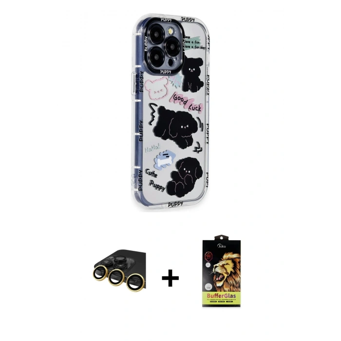 MARSİLYAN™- iPhone 14 Pro Max Kılıf Ahenk Modern Serisi - Siyah Buffer Cam Ekran Koruyucu + Gold Raze Metal Kamera Lens