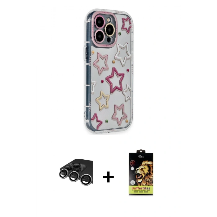 MARSİLYAN™- iPhone 14 Pro Max Kılıf Ahenk Modern Serisi - Siyah Buffer Cam Ekran Koruyucu + Raze Metal Kamera Lens - GS