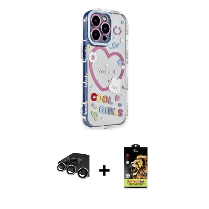 MARSİLYAN™- iPhone 14 Pro Max Kılıf Ahenk Modern Serisi - Siyah Buffer Cam Ekran Koruyucu + Raze Metal Kamera Lens - GS