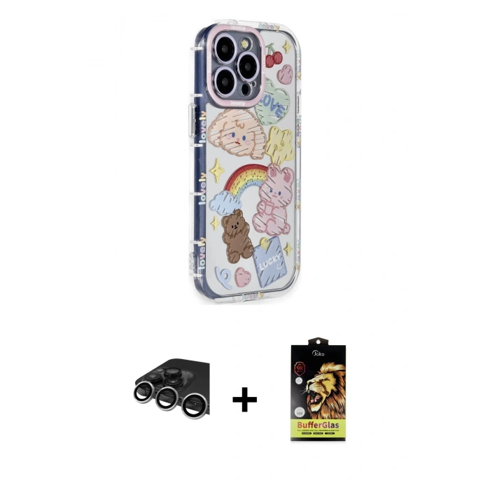 MARSİLYAN™- iPhone 14 Pro Max Kılıf Ahenk Modern Serisi - Siyah Buffer Cam Ekran Koruyucu + Raze Metal Kamera Lens - GS