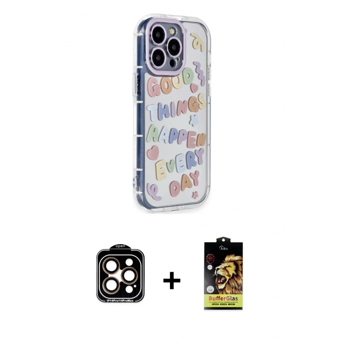 MARSİLYAN™- iPhone 14 Pro Max Kılıf Ahenk Modern Serisi - Siyah Buffer Cam Ekran Koruyucu + Turuncu PVD Metal Kamera Lens