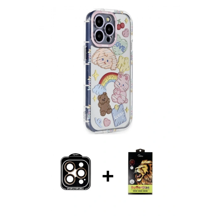 MARSİLYAN™- iPhone 14 Pro Max Kılıf Ahenk Modern Serisi - Siyah Buffer Cam Ekran Koruyucu + Turuncu PVD Metal Kamera Lens
