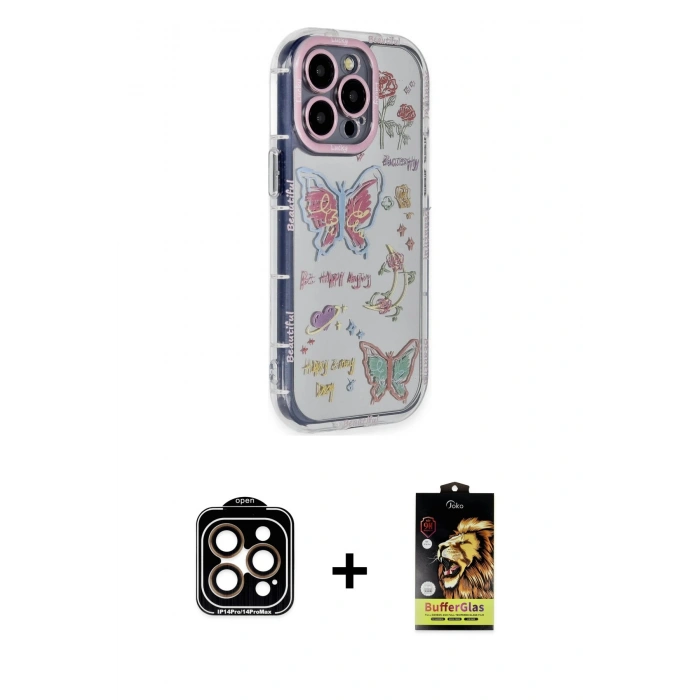 MARSİLYAN™- iPhone 14 Pro Max Kılıf Ahenk Modern Serisi - Siyah Buffer Cam Ekran Koruyucu + Turuncu PVD Metal Kamera Lens