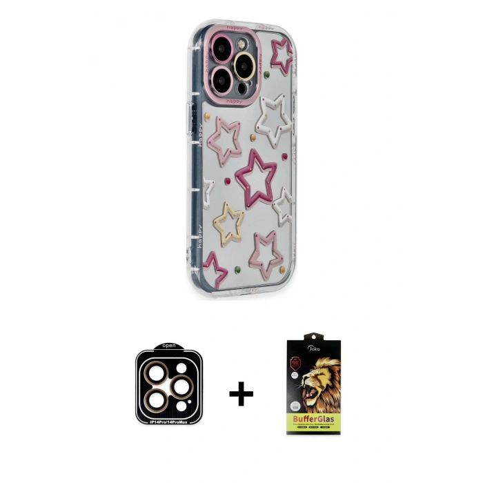 MARSİLYAN™- iPhone 14 Pro Max Kılıf Ahenk Modern Serisi - Siyah Buffer Cam Ekran Koruyucu + Turuncu PVD Metal Kamera Lens