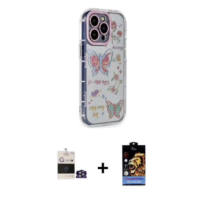 MARSİLYAN™- iPhone 14 Pro Max Kılıf Ahenk Modern Serisi - Siyah Buffer Hayalet Cam Ekran Koruyucu + Bilvis Titan Kamera Lens - GS