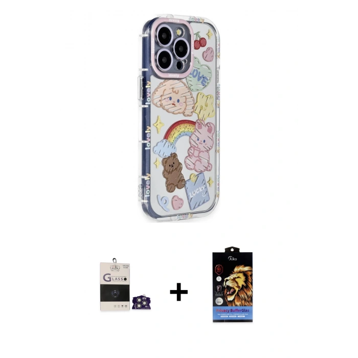 MARSİLYAN™- iPhone 14 Pro Max Kılıf Ahenk Modern Serisi - Siyah Buffer Hayalet Cam Ekran Koruyucu + Gümüş Bilvis Titan Kamera Lens