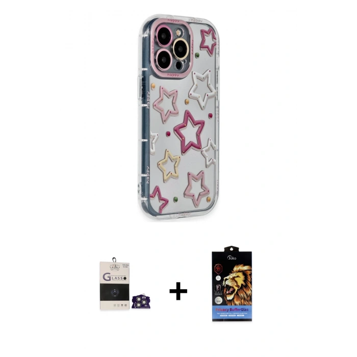 MARSİLYAN™- iPhone 14 Pro Max Kılıf Ahenk Modern Serisi - Siyah Buffer Hayalet Cam Ekran Koruyucu + Gümüş Bilvis Titan Kamera Lens