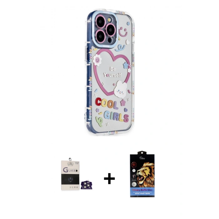 MARSİLYAN™- iPhone 14 Pro Max Kılıf Ahenk Modern Serisi - Siyah Buffer Hayalet Cam Ekran Koruyucu + Gümüş Bilvis Titan Kamera Lens