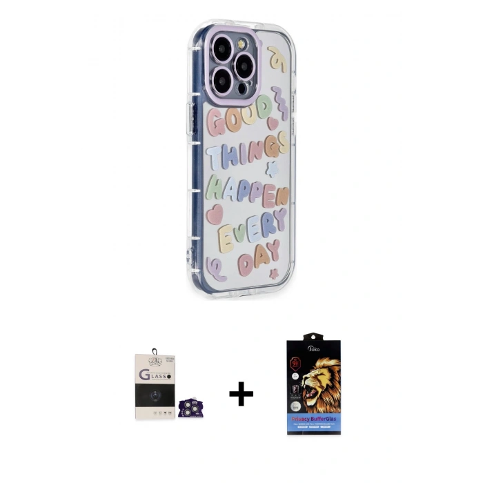 MARSİLYAN™- iPhone 14 Pro Max Kılıf Ahenk Modern Serisi - Siyah Buffer Hayalet Cam Ekran Koruyucu + Gümüş Bilvis Titan Kamera Lens