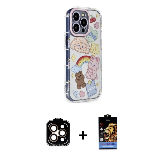 MARSİLYAN™- iPhone 14 Pro Max Kılıf Ahenk Modern Serisi - Siyah Buffer Hayalet Cam Ekran Koruyucu + PVD Metal Kamera Lens - TU