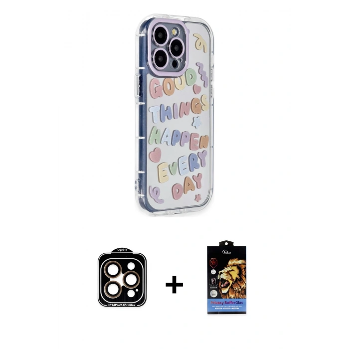 MARSİLYAN™- iPhone 14 Pro Max Kılıf Ahenk Modern Serisi - Siyah Buffer Hayalet Cam Ekran Koruyucu + PVD Metal Kamera Lens - TU