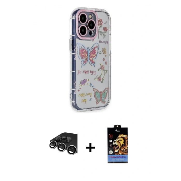 MARSİLYAN™- iPhone 14 Pro Max Kılıf Ahenk Modern Serisi - Siyah Buffer Hayalet Cam Ekran Koruyucu + Raze Metal Kamera Lens - GS