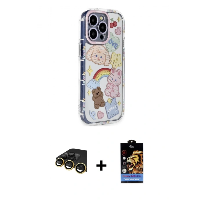 MARSİLYAN™- iPhone 14 Pro Max Kılıf Ahenk Modern Serisi - Siyah Buffer Hayalet Cam Ekran Koruyucu + Raze Metal Kamera Lens - GD