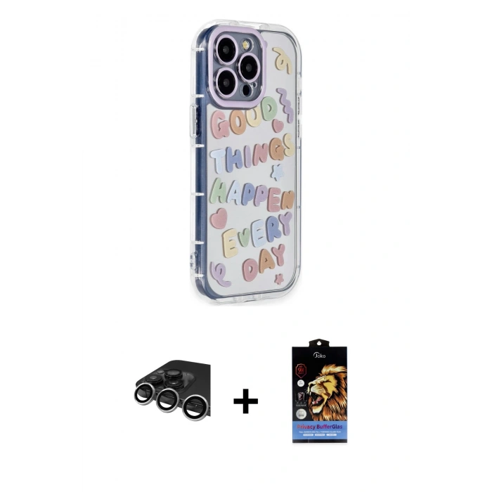 MARSİLYAN™- iPhone 14 Pro Max Kılıf Ahenk Modern Serisi - Siyah Buffer Hayalet Cam Ekran Koruyucu + Raze Metal Kamera Lens - GS