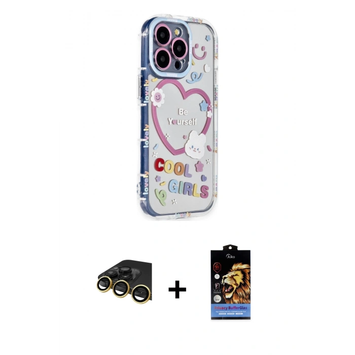 MARSİLYAN™- iPhone 14 Pro Max Kılıf Ahenk Modern Serisi - Siyah Buffer Hayalet Cam Ekran Koruyucu + Raze Metal Kamera Lens - GD