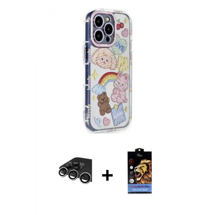 MARSİLYAN™- iPhone 14 Pro Max Kılıf Ahenk Modern Serisi - Siyah Buffer Hayalet Cam Ekran Koruyucu + Raze Metal Kamera Lens - GS