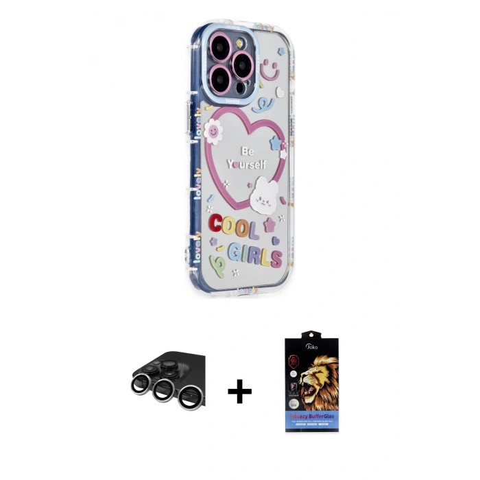 MARSİLYAN™- iPhone 14 Pro Max Kılıf Ahenk Modern Serisi - Siyah Buffer Hayalet Cam Ekran Koruyucu + Raze Metal Kamera Lens - GS