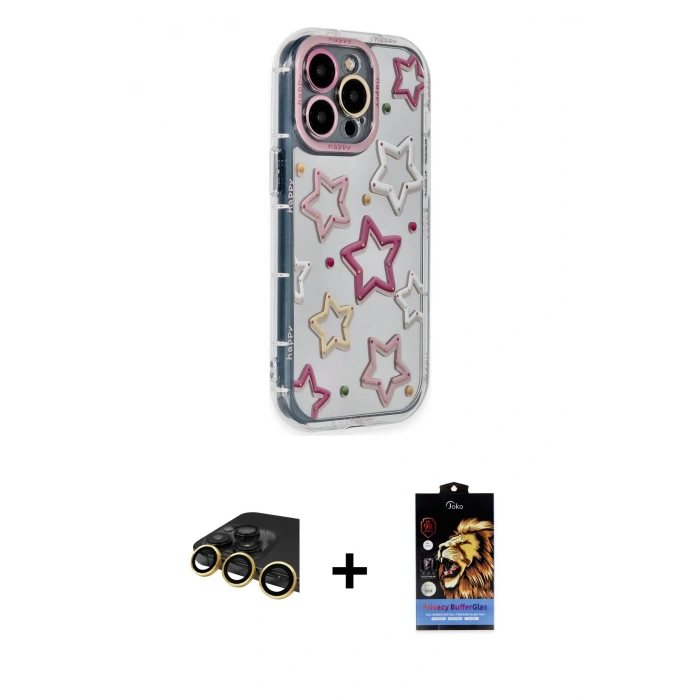 MARSİLYAN™- iPhone 14 Pro Max Kılıf Ahenk Modern Serisi - Siyah Buffer Hayalet Cam Ekran Koruyucu + Raze Metal Kamera Lens - GD