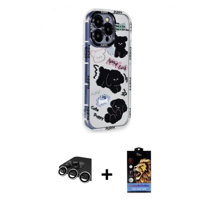 MARSİLYAN™- iPhone 14 Pro Max Kılıf Ahenk Modern Serisi - Siyah Buffer Hayalet Cam Ekran Koruyucu + Raze Metal Kamera Lens - GS