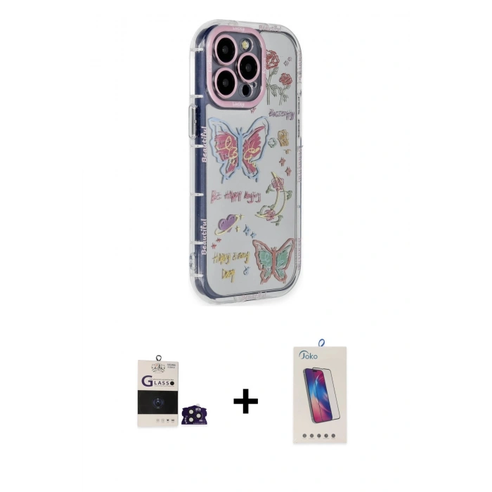 MARSİLYAN™- iPhone 14 Pro Max Kılıf Ahenk Modern Serisi - Siyah Joko 5D Cam + Derin Mor Bilvis Titan Kamera Lens