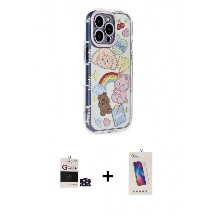 MARSİLYAN™- iPhone 14 Pro Max Kılıf Ahenk Modern Serisi - Siyah Joko 5D Cam + Derin Mor Bilvis Titan Kamera Lens