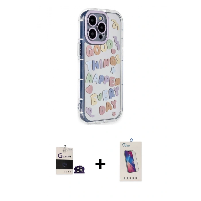 MARSİLYAN™- iPhone 14 Pro Max Kılıf Ahenk Modern Serisi - Siyah Joko 5D Cam + Derin Mor Bilvis Titan Kamera Lens