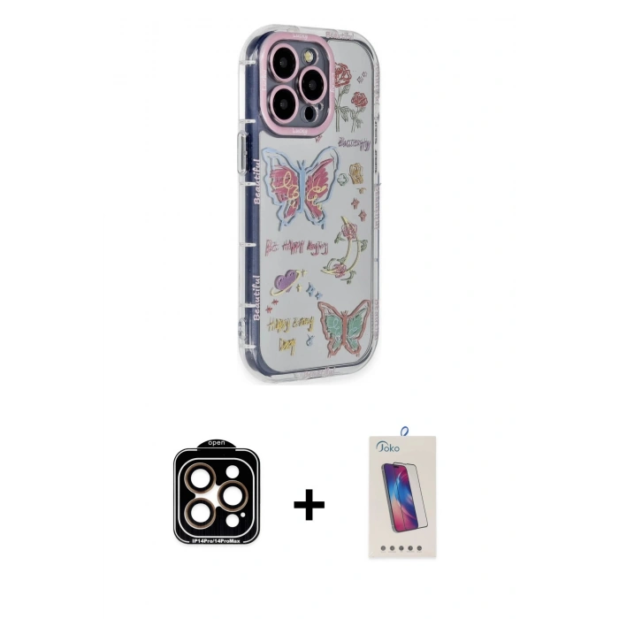 MARSİLYAN™- iPhone 14 Pro Max Kılıf Ahenk Modern Serisi - Siyah Joko 5D Cam + PVD Metal Kamera Lens - TU