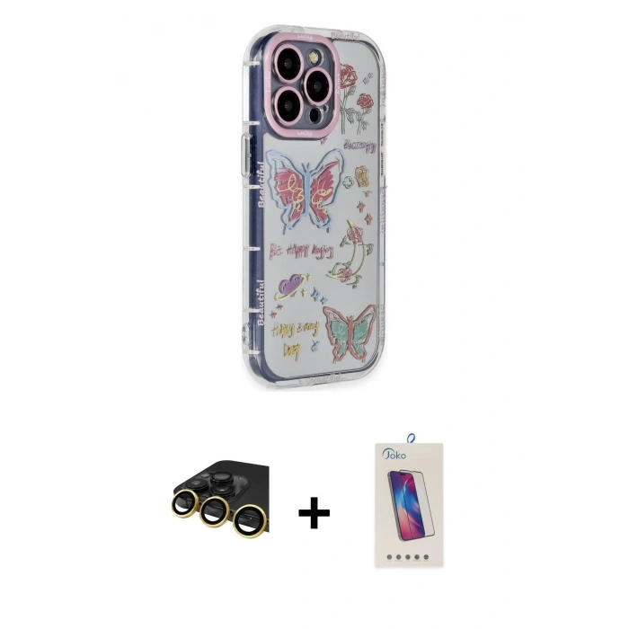 MARSİLYAN™- iPhone 14 Pro Max Kılıf Ahenk Modern Serisi - Siyah Joko 5D Cam + Raze Metal Kamera Lens - GD