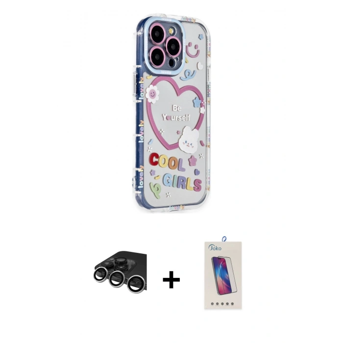 MARSİLYAN™- iPhone 14 Pro Max Kılıf Ahenk Modern Serisi - Siyah Joko 5D Cam + Raze Metal Kamera Lens - GS