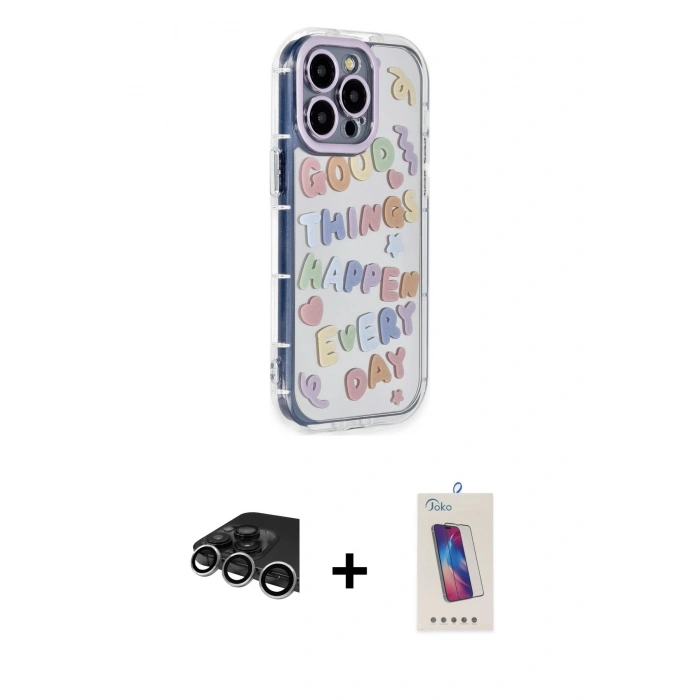 MARSİLYAN™- iPhone 14 Pro Max Kılıf Ahenk Modern Serisi - Siyah Joko 5D Cam + Raze Metal Kamera Lens - GS