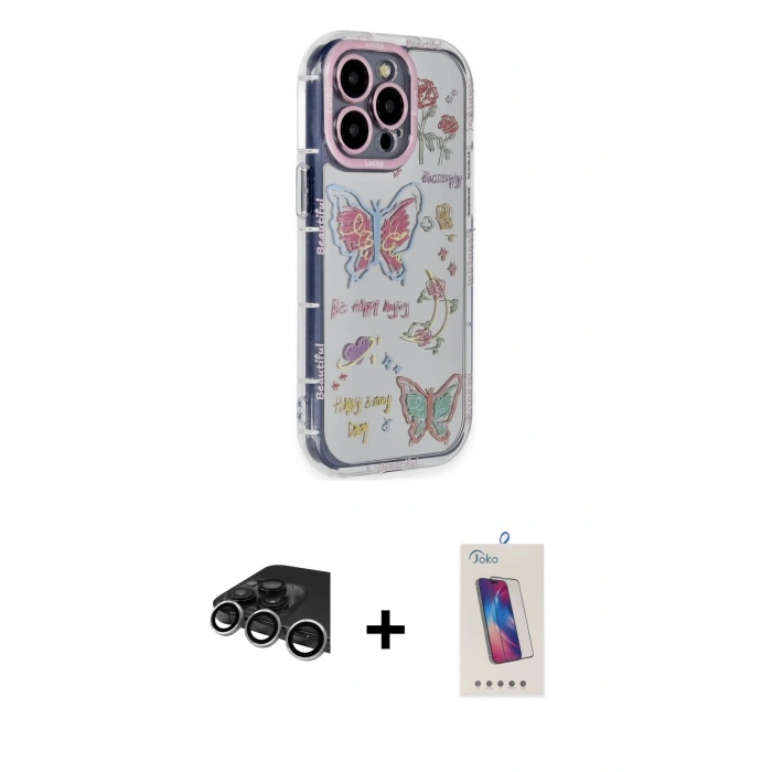 MARSİLYAN™- iPhone 14 Pro Max Kılıf Ahenk Modern Serisi - Siyah Joko 5D Cam + Raze Metal Kamera Lens - GS