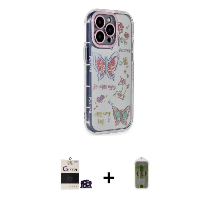 MARSİLYAN™- iPhone 14 Pro Max Kılıf Ahenk Modern Serisi - Siyah Joko Magic 5D Hayalet Cam + Derin Mor Bilvis Titan Kamera Lens