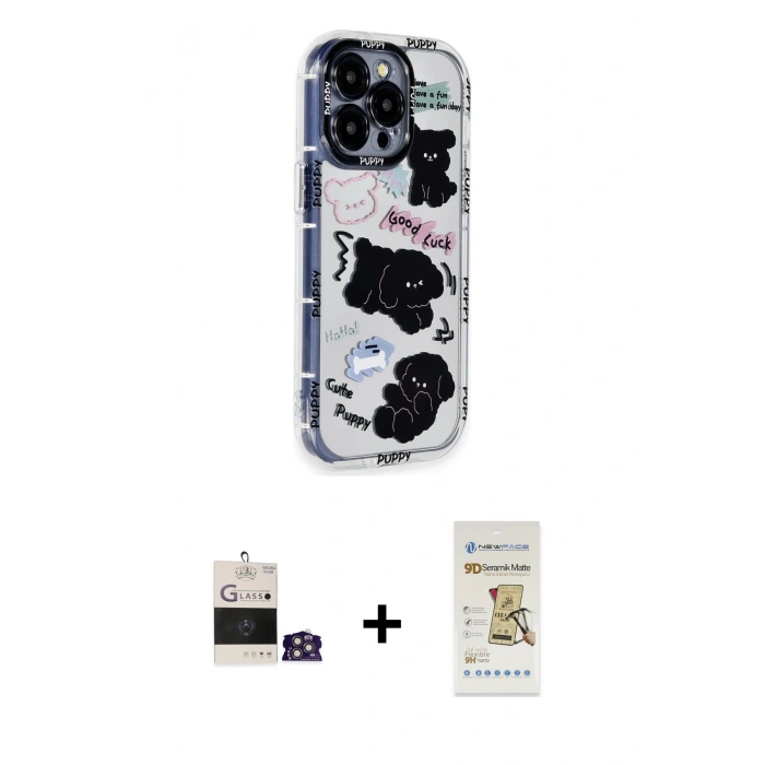 MARSİLYAN™- iPhone 14 Pro Max Kılıf Ahenk Modern Serisi - Siyah Mat Seramik Nano Ekran Koruyucu + Bilvis Titan Kamera Lens - GS