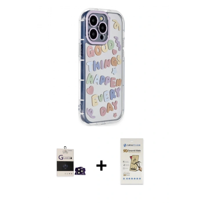 MARSİLYAN™- iPhone 14 Pro Max Kılıf Ahenk Modern Serisi - Siyah Mat Seramik Nano Ekran Koruyucu + Bilvis Titan Kamera Lens - SH