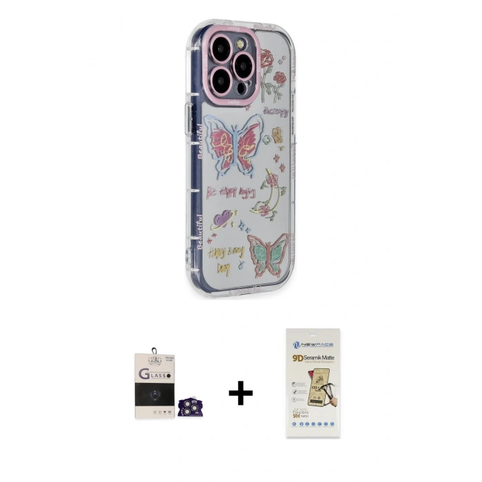 MARSİLYAN™- iPhone 14 Pro Max Kılıf Ahenk Modern Serisi - Siyah Mat Seramik Nano Ekran Koruyucu + Bilvis Titan Kamera Lens - GS