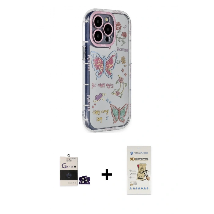 MARSİLYAN™- iPhone 14 Pro Max Kılıf Ahenk Modern Serisi - Siyah Mat Seramik Nano Ekran Koruyucu + Bilvis Titan Kamera Lens - SH